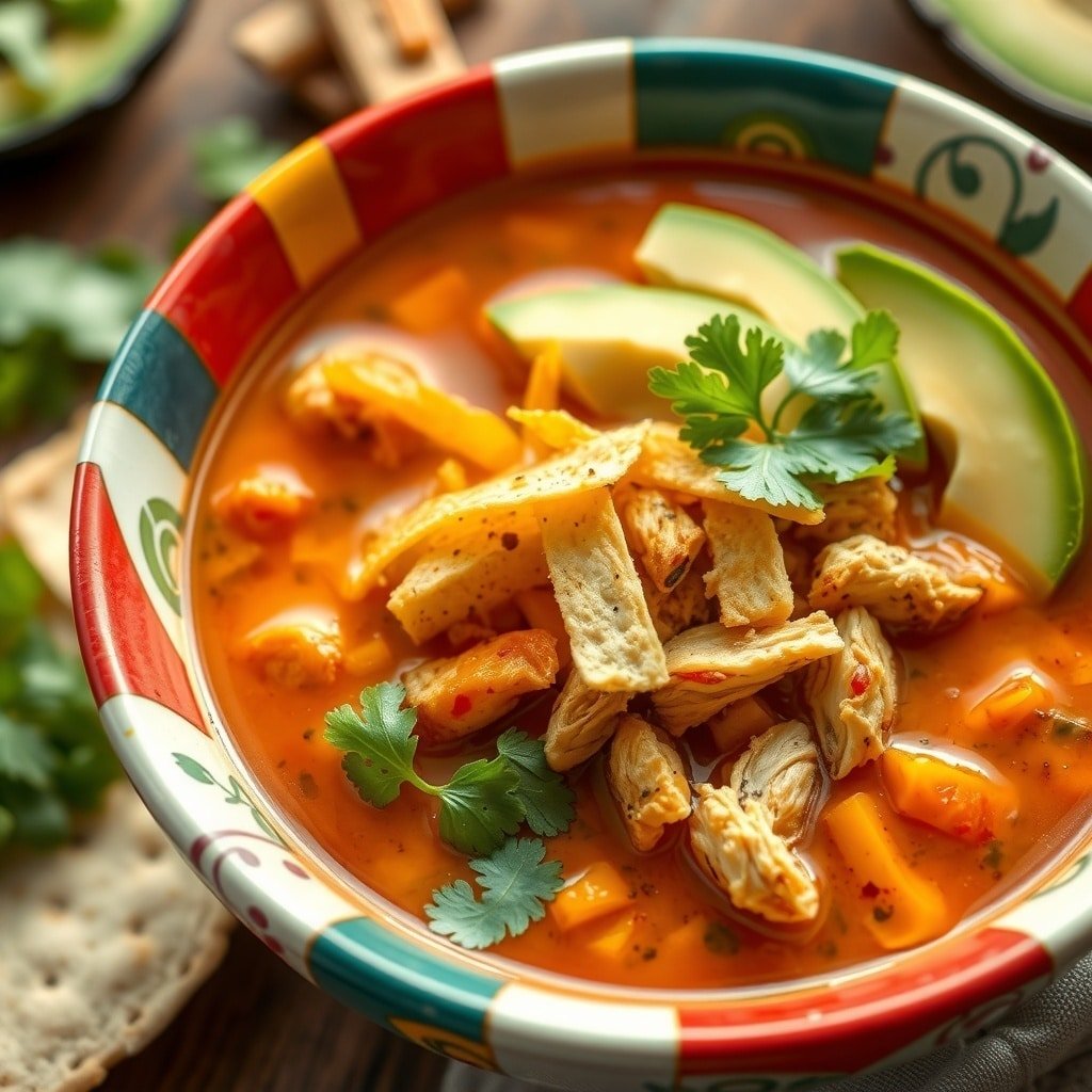 A colorful bowl of Chicken Tortilla Soup topped with tortilla strips, cilantro, and avocado.