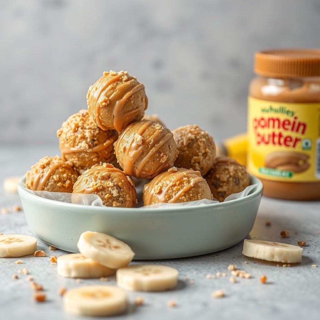 A bowl of peanut butter banana protein balls with banana slices and a jar of peanut butter in the background.
