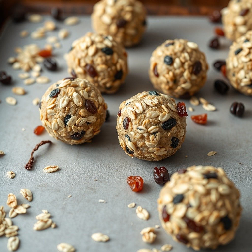 A close-up of oatmeal raisin protein balls on a baking sheet, surrounded by oats and raisins.