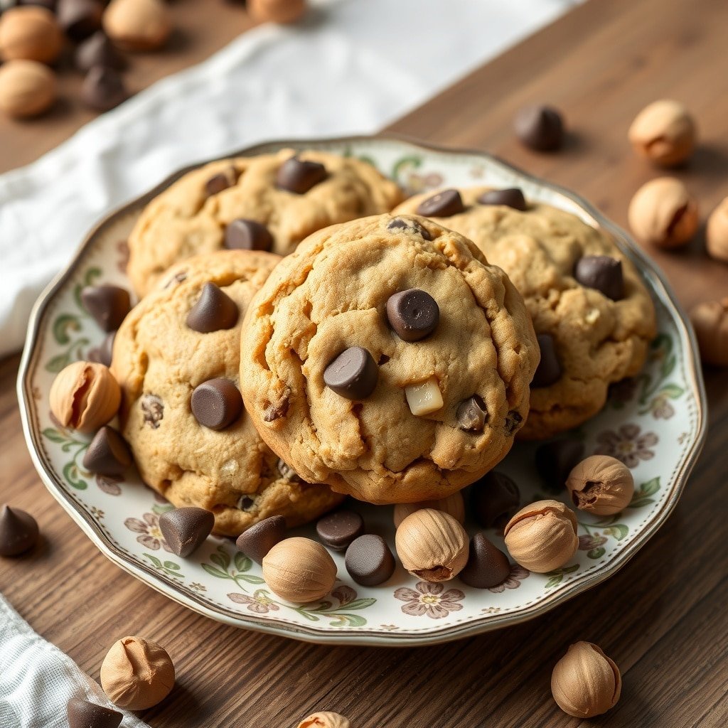 A plate of hazelnut chocolate chip cookies with chocolate chips and hazelnuts scattered around.