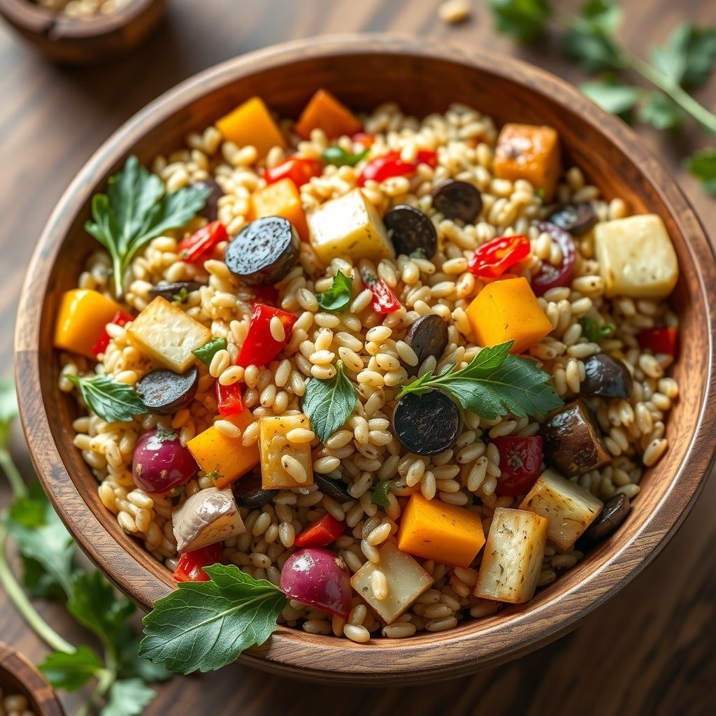A bowl of farro and roasted vegetable salad with colorful ingredients.