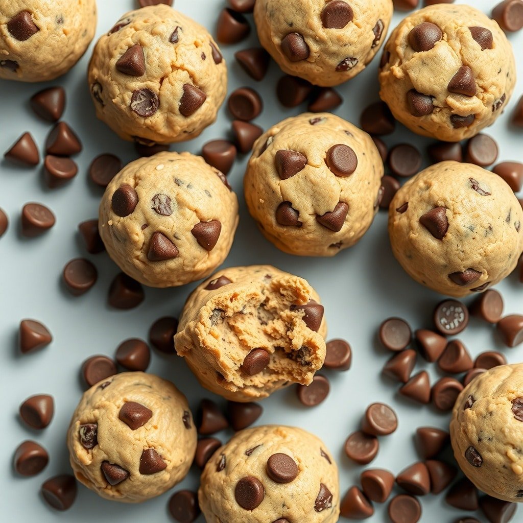 A close-up of chocolate chip cookie dough protein balls surrounded by chocolate chips.