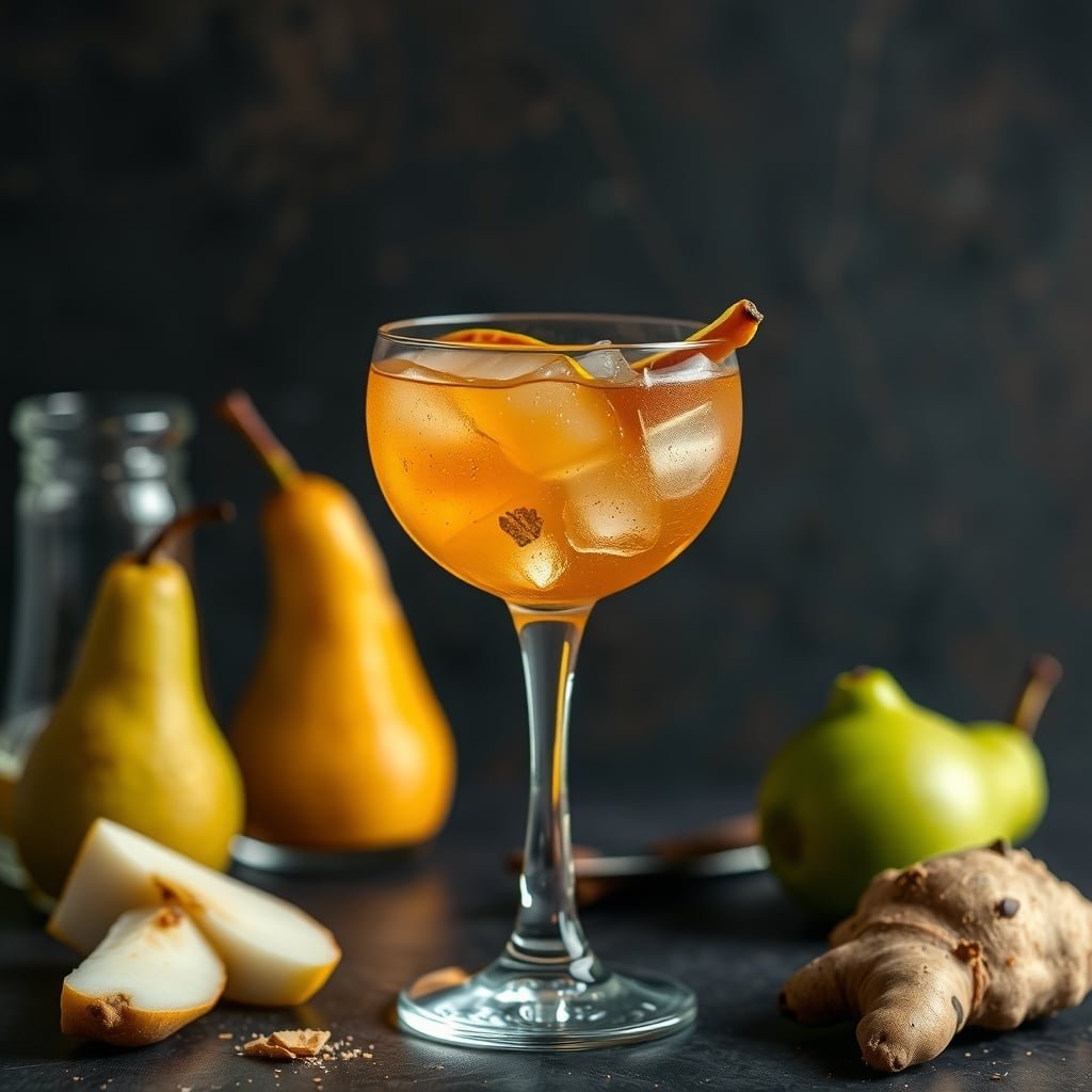 A cocktail made with caramelized pears and ginger, served in a glass with fresh pears and ginger root in the background.