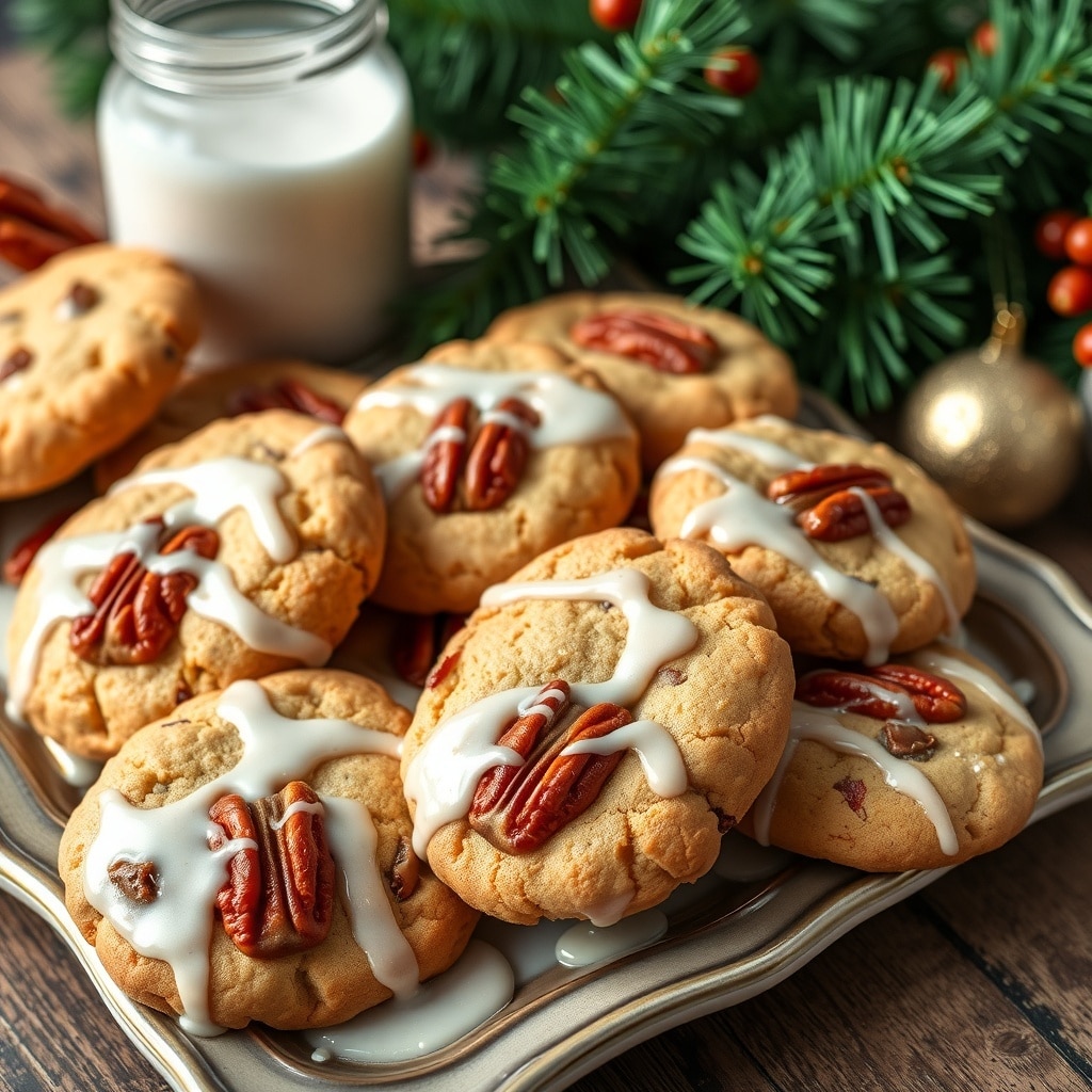 30 Delectable Christmas Cookie Recipes to Try This Holiday Season A plate of Bourbon Pecan Cookies with a glass of milk and festive decorations