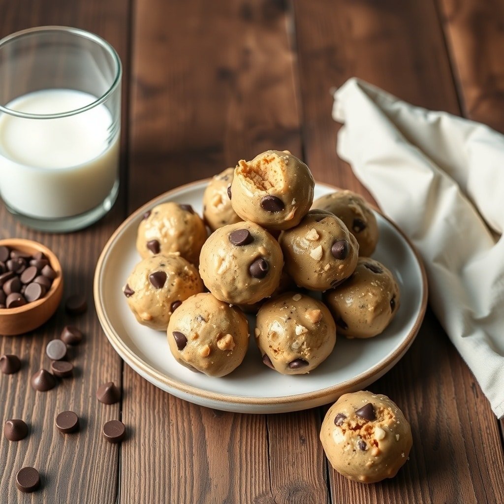 A plate of peanut butter chocolate chip protein balls with a glass of milk and chocolate chips scattered around.