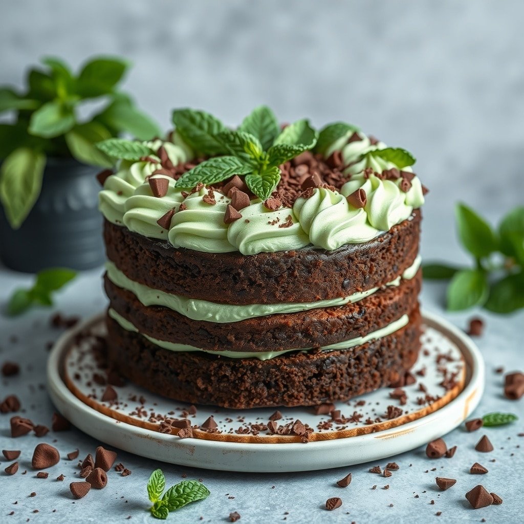 A beautifully decorated chocolate mint cake with mint leaves and chocolate shavings on top.