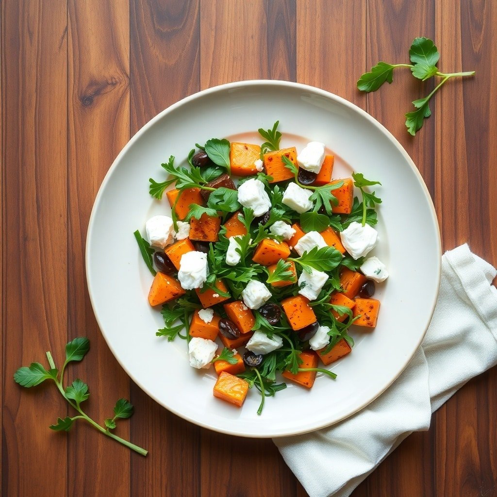 A vibrant roasted sweet potato salad with arugula, goat cheese, and olives on a wooden table.