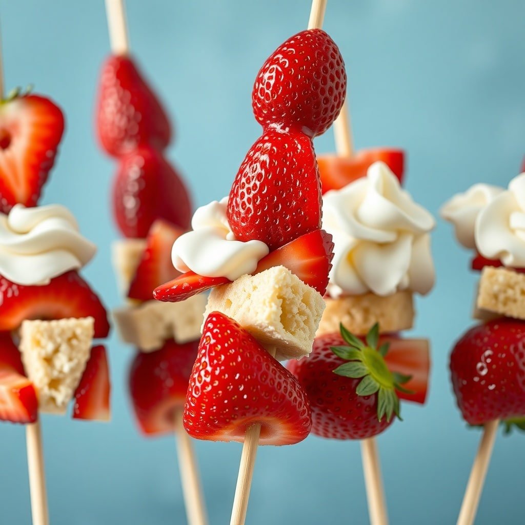 Colorful strawberry shortcake skewers with strawberries, whipped cream, and cake on wooden sticks.