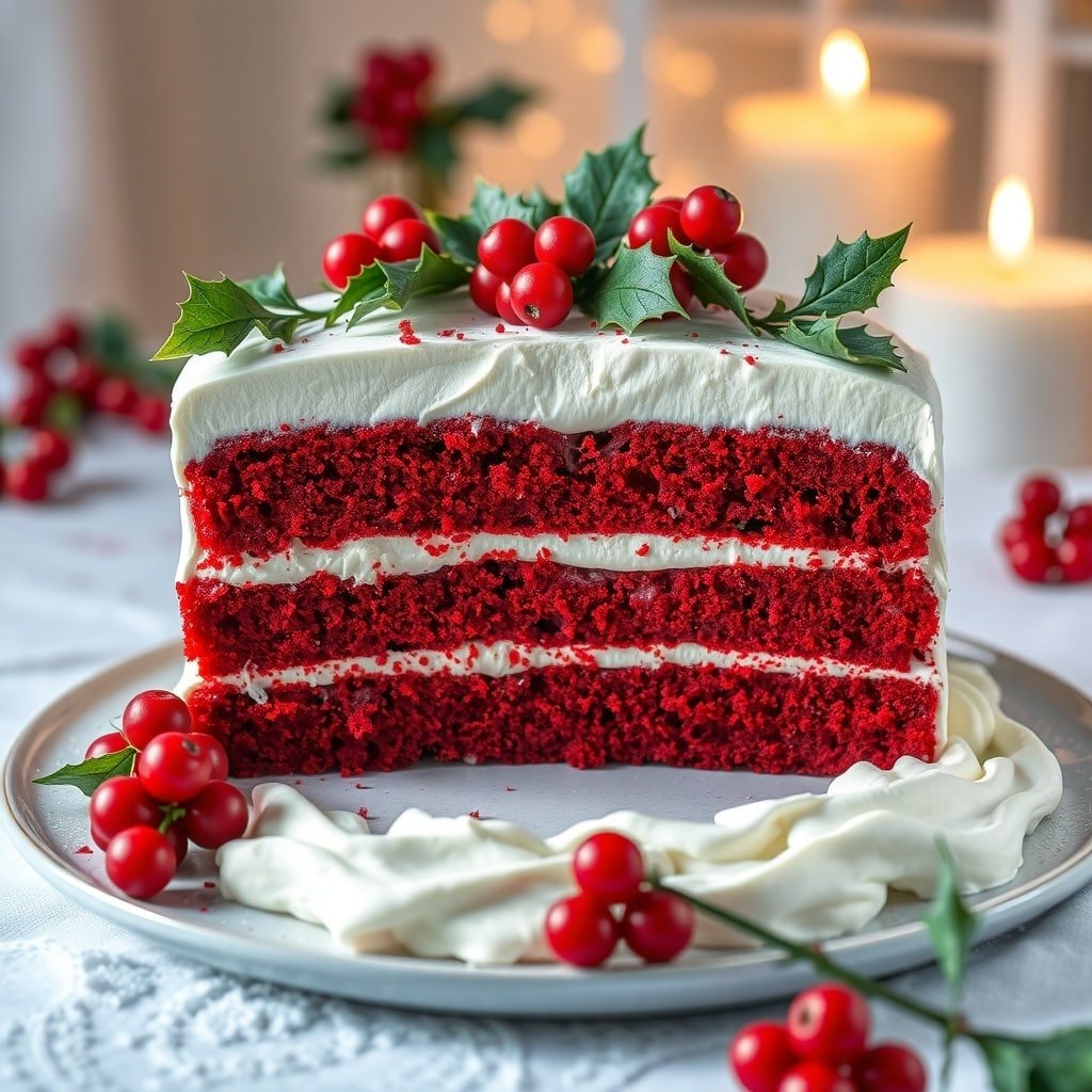 A festive red velvet Christmas cake decorated with cream cheese frosting, holly, and berries.