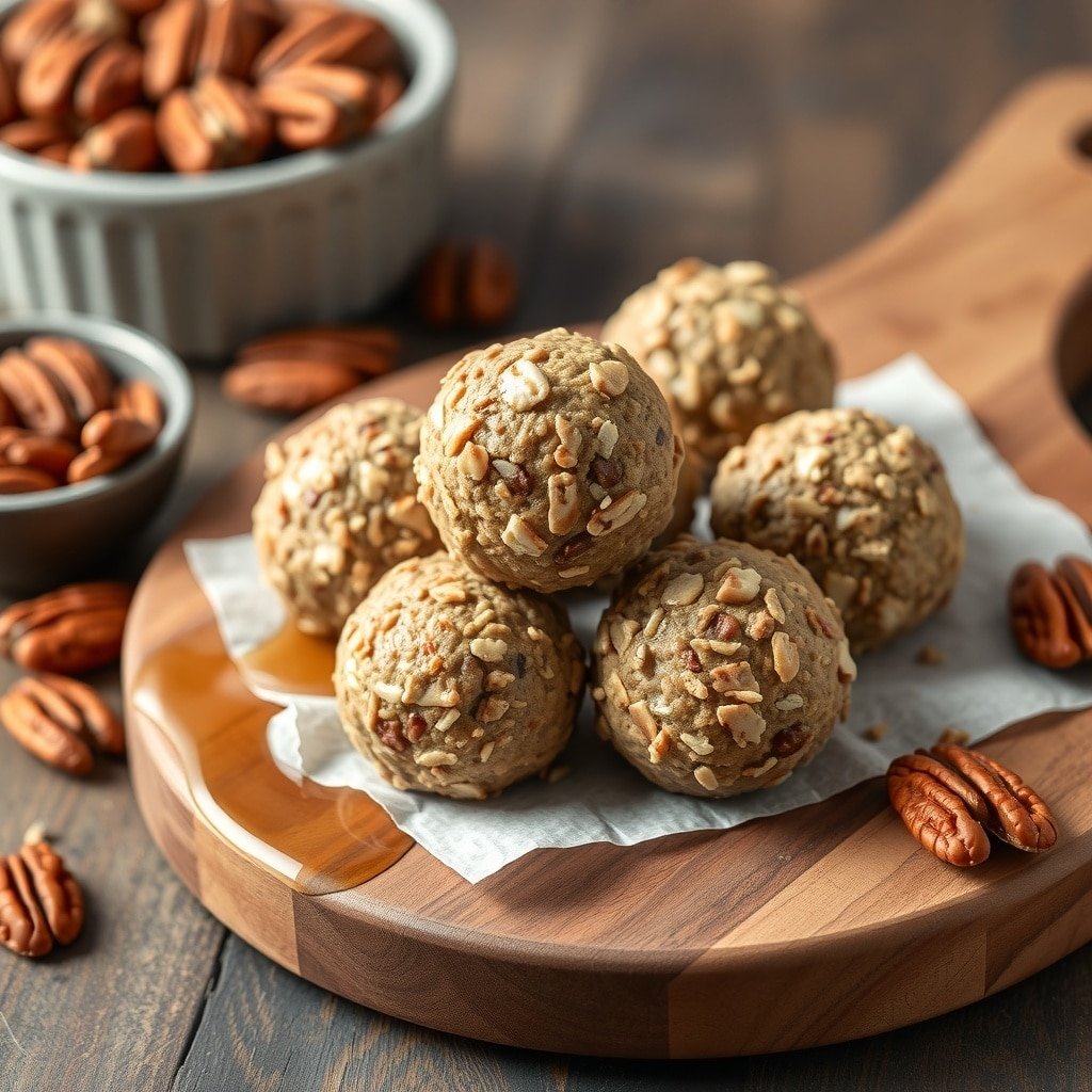 A wooden platter with maple pecan protein balls and pecans in the background.