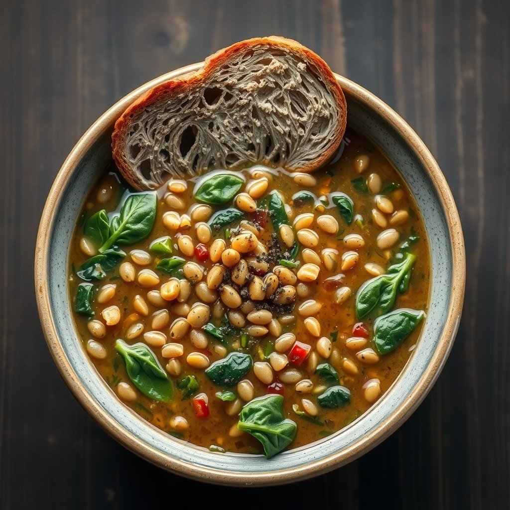 A bowl of lentil and spinach soup with a slice of bread on the side