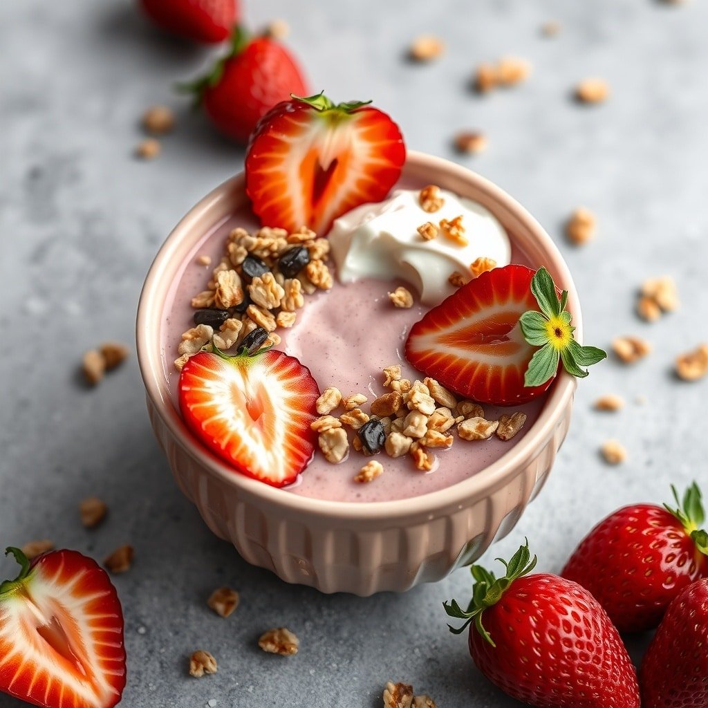 A strawberry shortcake smoothie bowl topped with granola, whipped cream, and fresh strawberries.