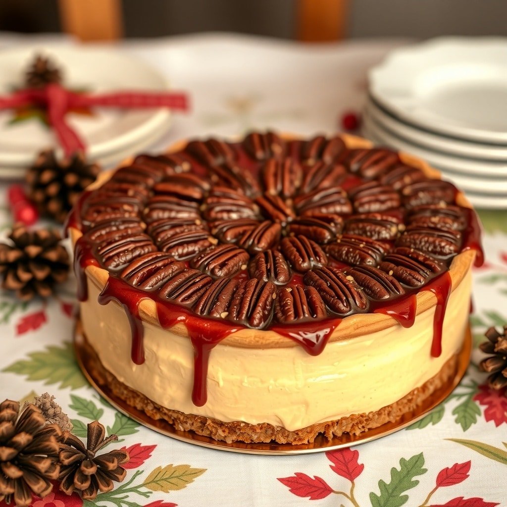 A beautifully decorated Pecan Pie Cake topped with pecans and caramel sauce, set on a festive table.