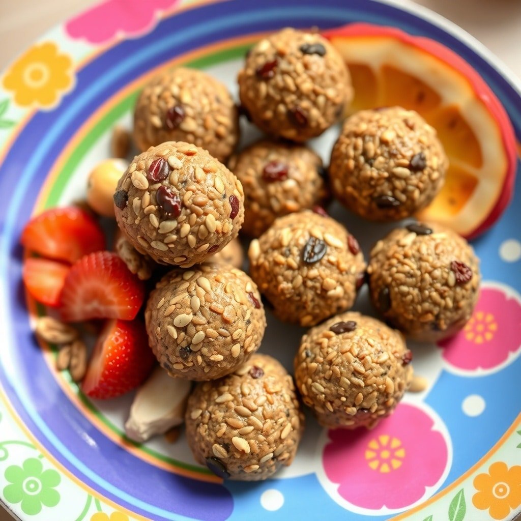 A colorful plate with nut-free protein balls, strawberries, and orange slices.