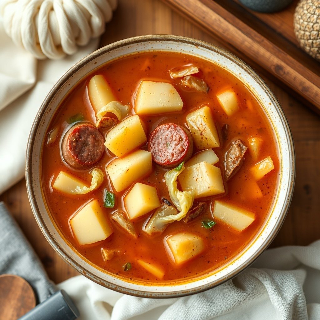 A bowl of cabbage and sausage soup with chunks of sausage and potatoes in a rich broth.