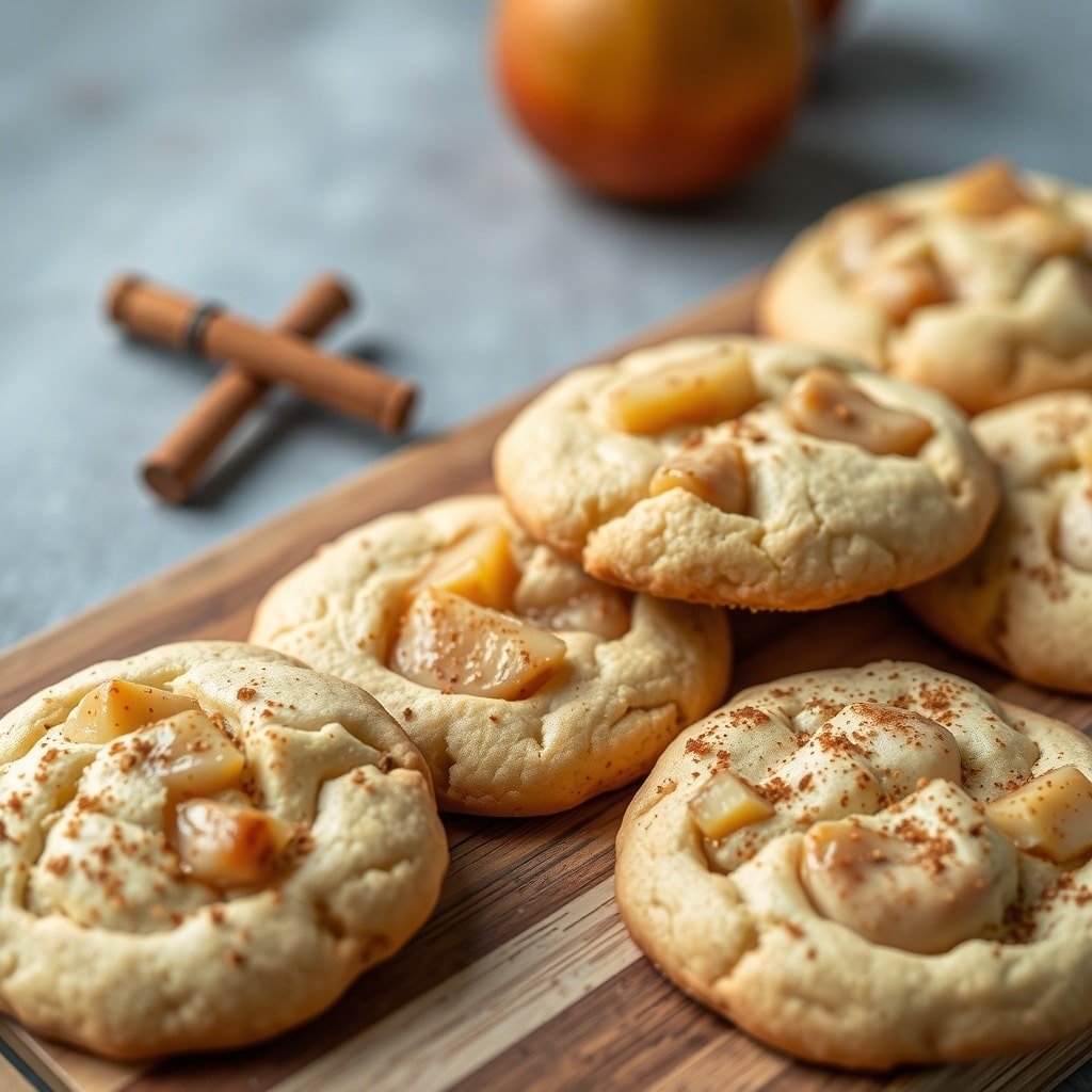 Spiced pear cookies on a wooden board with cinnamon sticks and pears in the background.