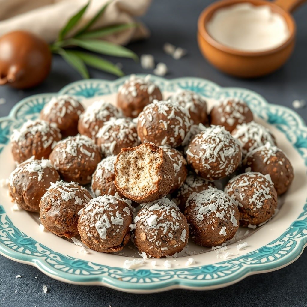 A plate of chocolate coconut protein balls, some with a bite taken out, showcasing their chewy interior.