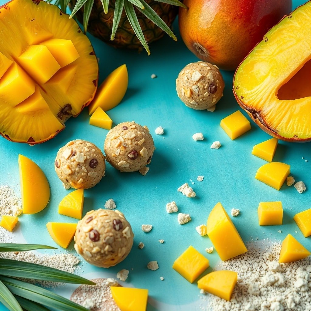 Tropical fruit protein balls with mango and pineapple