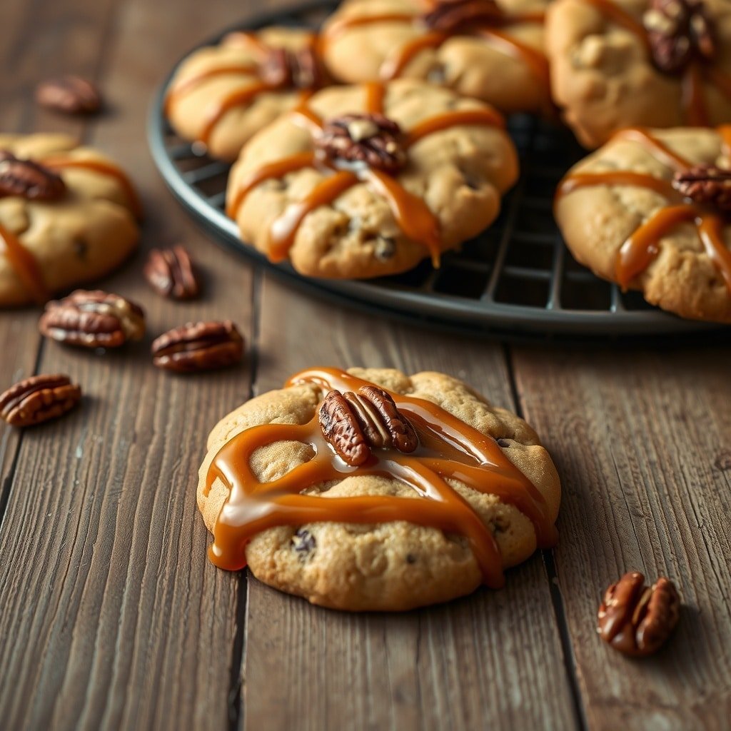 Delicious caramel pecan pie cookies on a wooden table