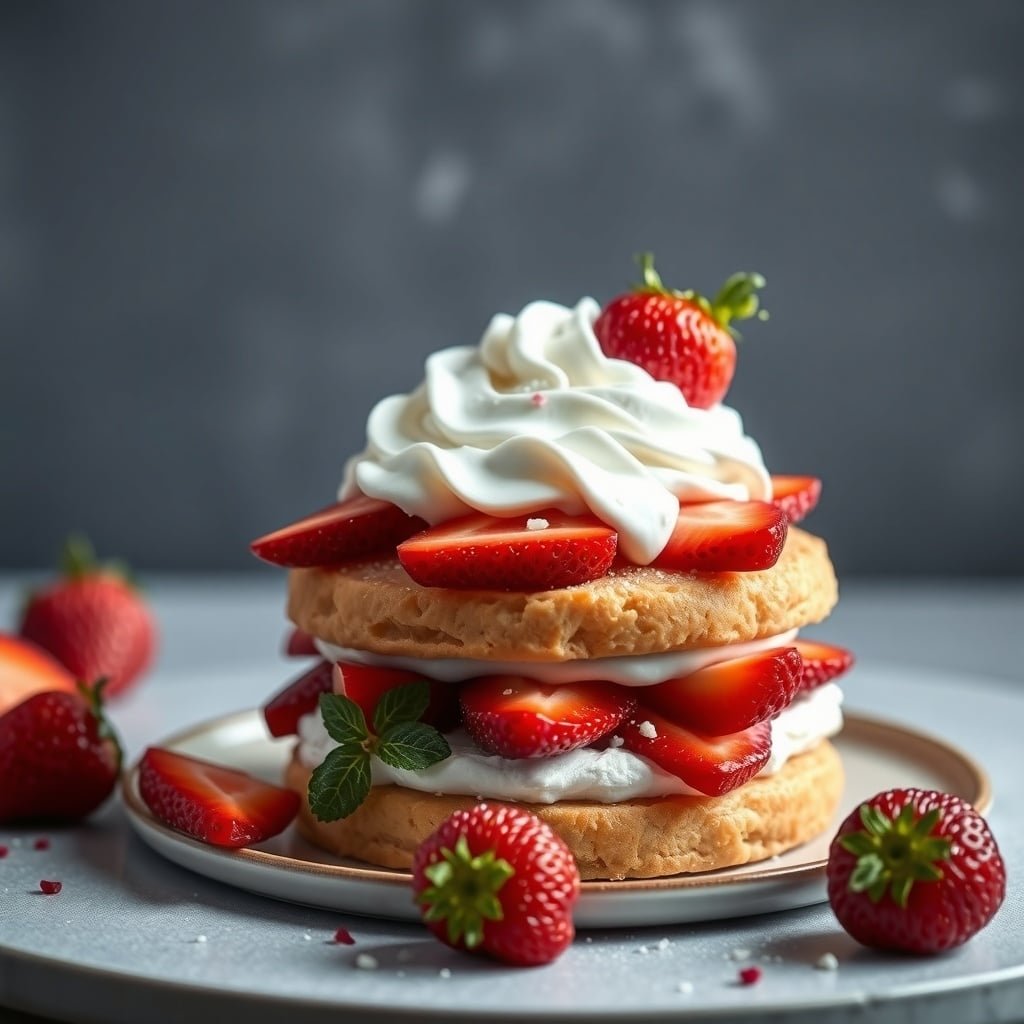 Vegan strawberry shortcake with layers of cake, fresh strawberries, and whipped cream.