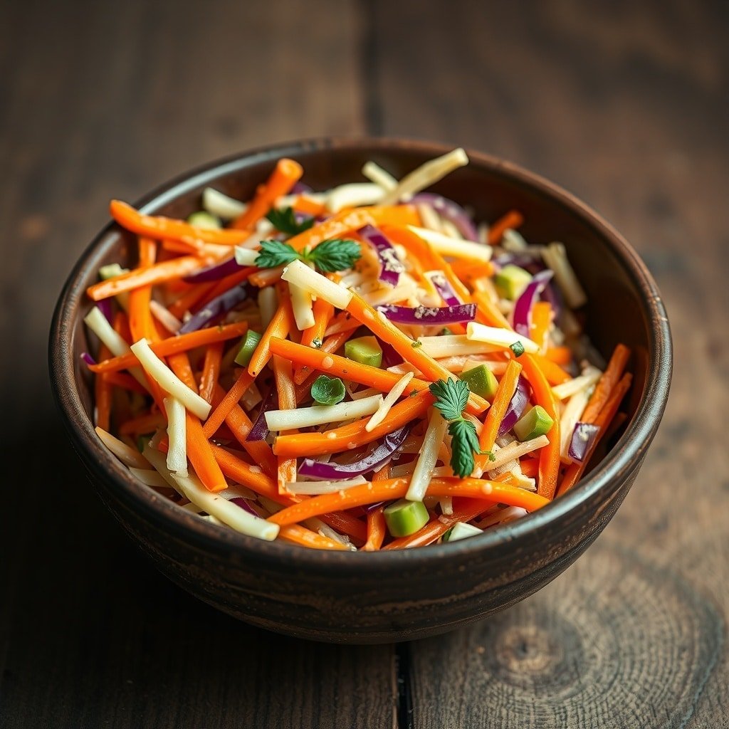 A bowl of colorful cabbage and carrot slaw on a wooden table.