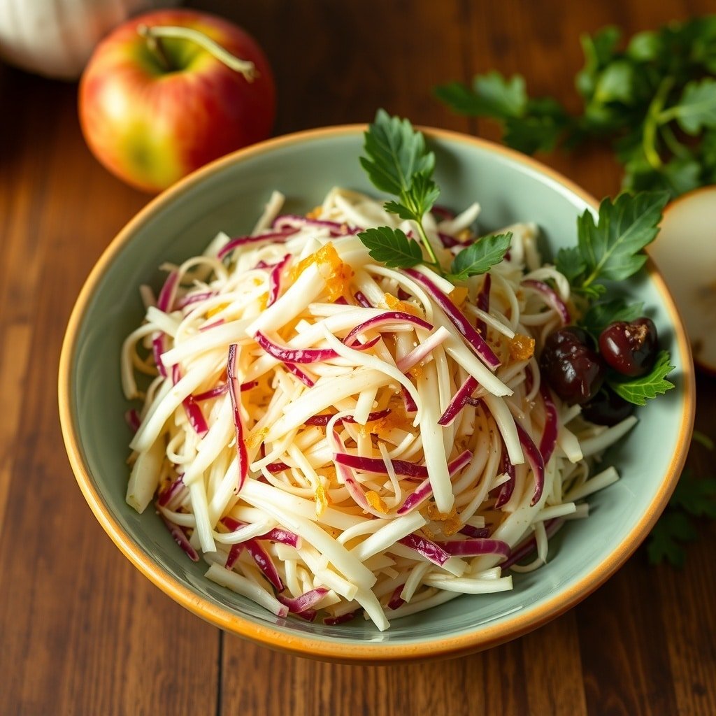 A bowl of fennel and apple slaw with red cabbage, garnished with parsley and apples in the background.