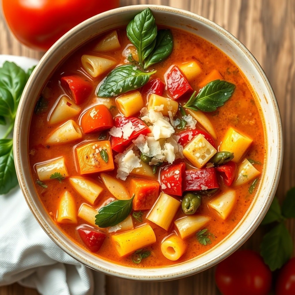 A bowl of minestrone soup with seasonal vegetables, pasta, and fresh basil.