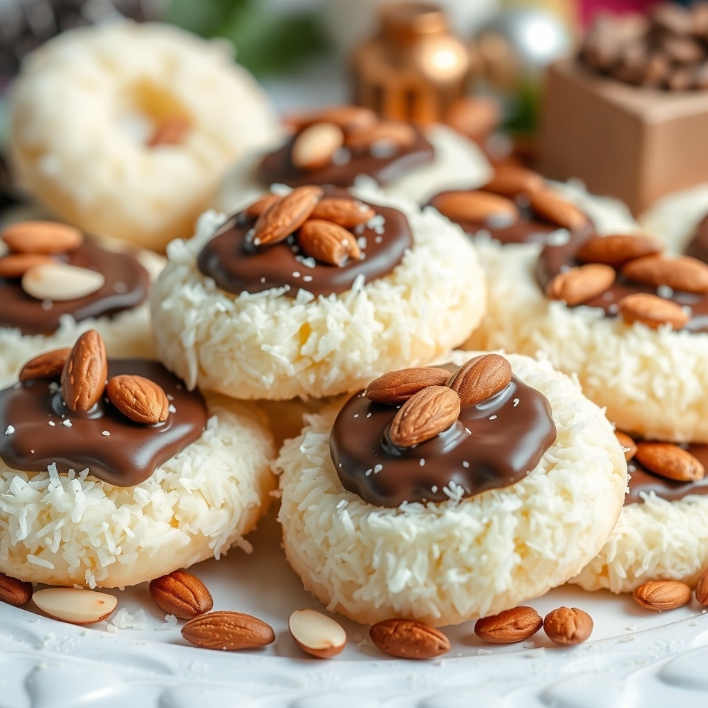 30 Delectable Christmas Cookie Recipes to Try This Holiday Season A plate of Almond Joy Coconut Cookies topped with chocolate and almonds, perfect for Christmas.