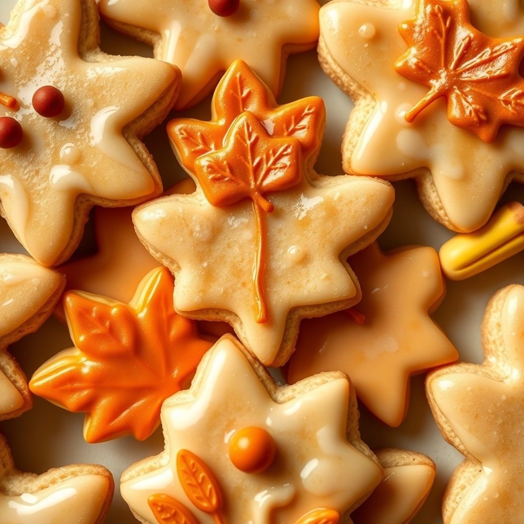 Maple glazed sugar cookies shaped like leaves and stars, decorated with orange icing.