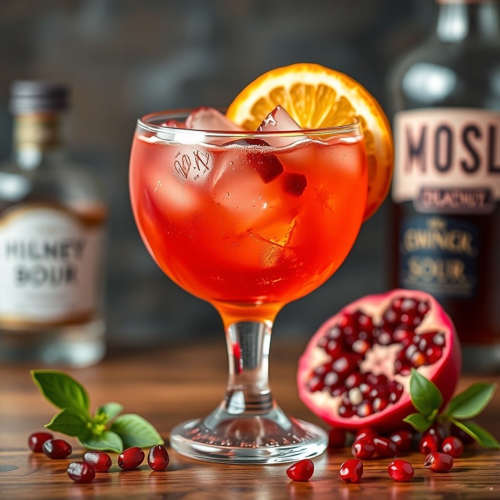A Pomegranate Whiskey Sour cocktail garnished with pomegranate seeds and an orange slice, with whiskey bottles in the background.