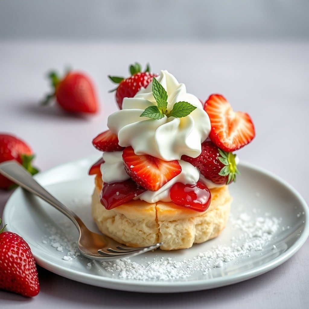 A delicious strawberry shortcake topped with fresh strawberries and coconut whipped cream.