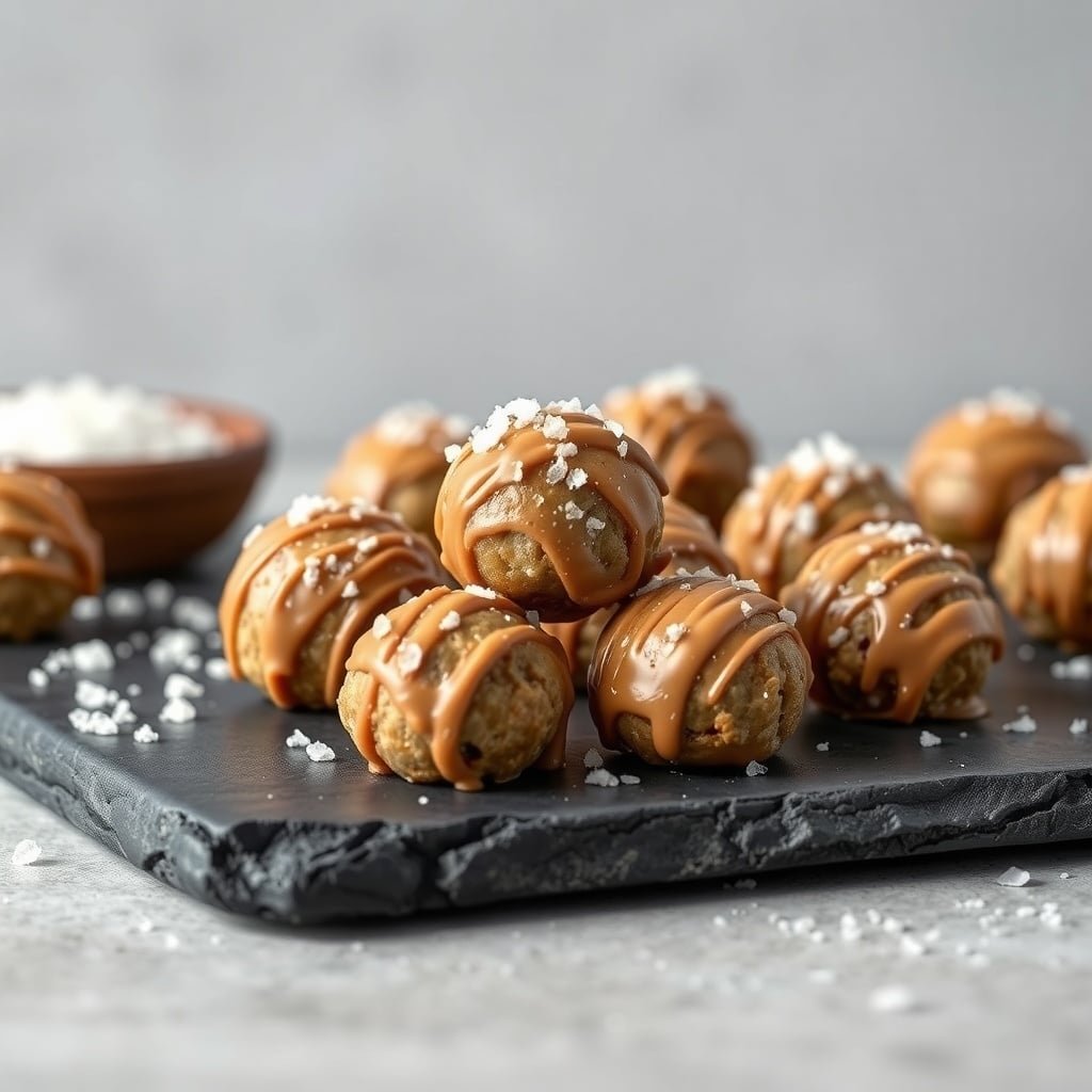 Delicious salted caramel protein balls drizzled with caramel and sprinkled with sea salt. Protein Ball