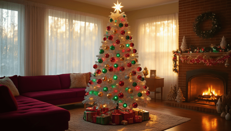 Deck the Halls with Nostalgia: Creating the Perfect Retro Christmas Tree A retro aluminum Christmas tree adorned with vintage glass ornaments and multicolor lights in a cozy mid-century living room, featuring warm sunlight, plush furniture, and a glowing fireplace.