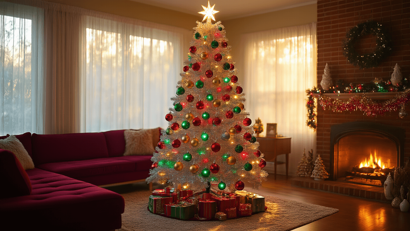 A retro aluminum Christmas tree adorned with vintage glass ornaments and multicolor lights in a cozy mid-century living room, featuring warm sunlight, plush furniture, and a glowing fireplace.
