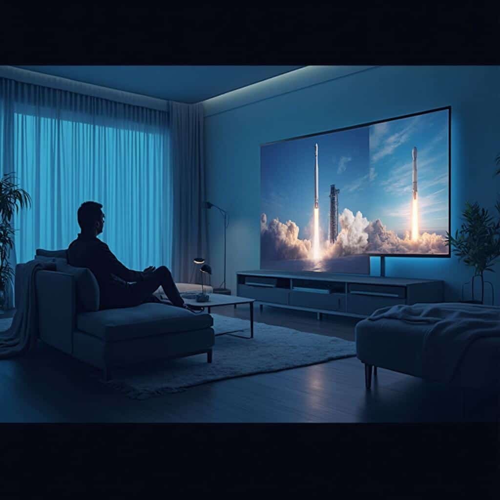 Silhouette of a viewer in a modern, high-tech living room lit in soft blues, watching a rocket launch event on multiple high-resolution screens displaying both NASA TV and SpaceX streams.