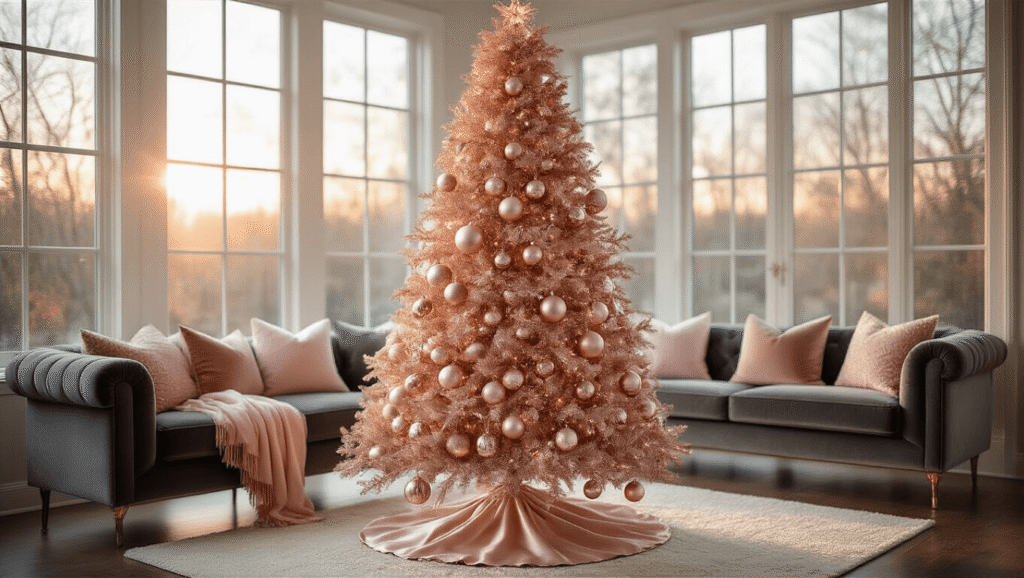 Rose Gold Christmas Tree: A Glamorous Holiday Styling Guide A beautifully decorated 7-foot rose gold Christmas tree in a modern living room, featuring metallic ornaments, blush baubles, soft ribbon, and a eucalyptus arrangement, set against a backdrop of warm natural light, elegant velvet furnishings, and polished hardwood floors.