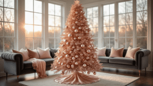 Rose Gold Christmas Tree: A Glamorous Holiday Styling Guide A beautifully decorated 7-foot rose gold Christmas tree in a modern living room, featuring metallic ornaments, blush baubles, soft ribbon, and a eucalyptus arrangement, set against a backdrop of warm natural light, elegant velvet furnishings, and polished hardwood floors.