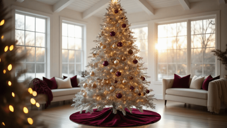 Elegant living room with a stunning silver tinsel Christmas tree adorned with champagne and platinum ornaments, warm white lights, and a burgundy velvet tree skirt, surrounded by mid-century modern furniture and cozy decor, all lit by golden hour sunlight.