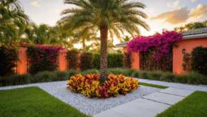 Cinematic wide-angle shot of a tropical front yard in South Florida featuring a foxtail palm, vibrant crotons, purple bougainvillea, pink pentas, and gently swaying muhly grass, with a coral stucco home and dramatic lighting at golden hour.