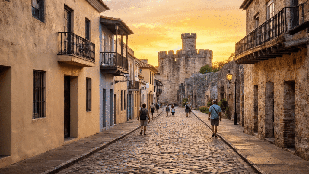 "Tourists exploring a cobblestone street in St. Augustine with pastel Spanish colonial buildings, ancient Castillo de San Marcos in the distance, under a golden sunset creating a living history museum feel"