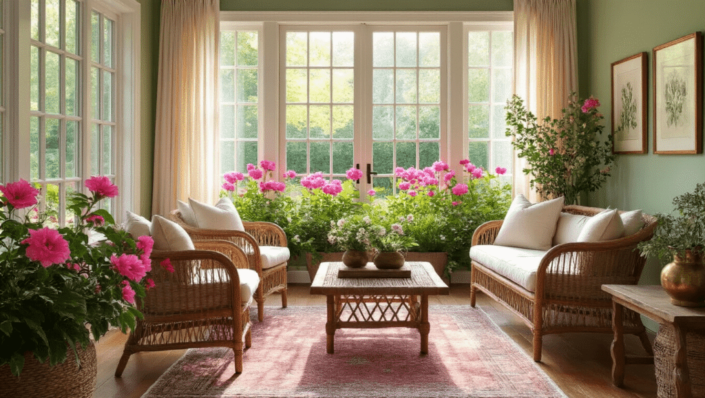Cinematic sunroom with floor-to-ceiling windows, showcasing vibrant pink Weigela florida blooms, natural oak furniture, rattan chairs, botanical prints, and warm golden hour lighting creating an inviting botanical sanctuary.