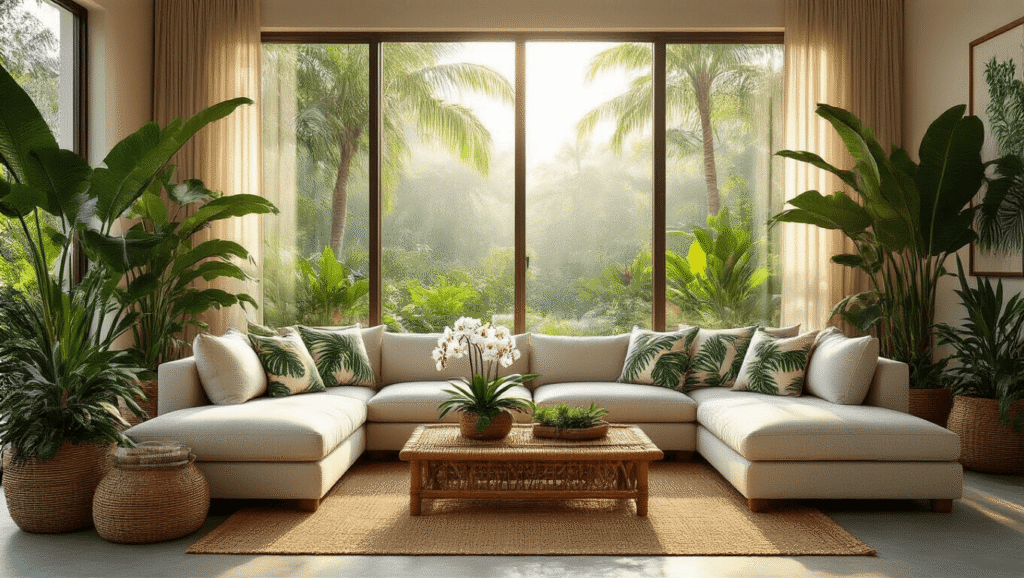 Photorealistic tropical living room featuring floor-to-ceiling windows, neutral sectional with palm-printed pillows, rattan coffee table with orchids, jute rugs, and lush plants in warm earth tones, illuminated by golden hour sunlight.