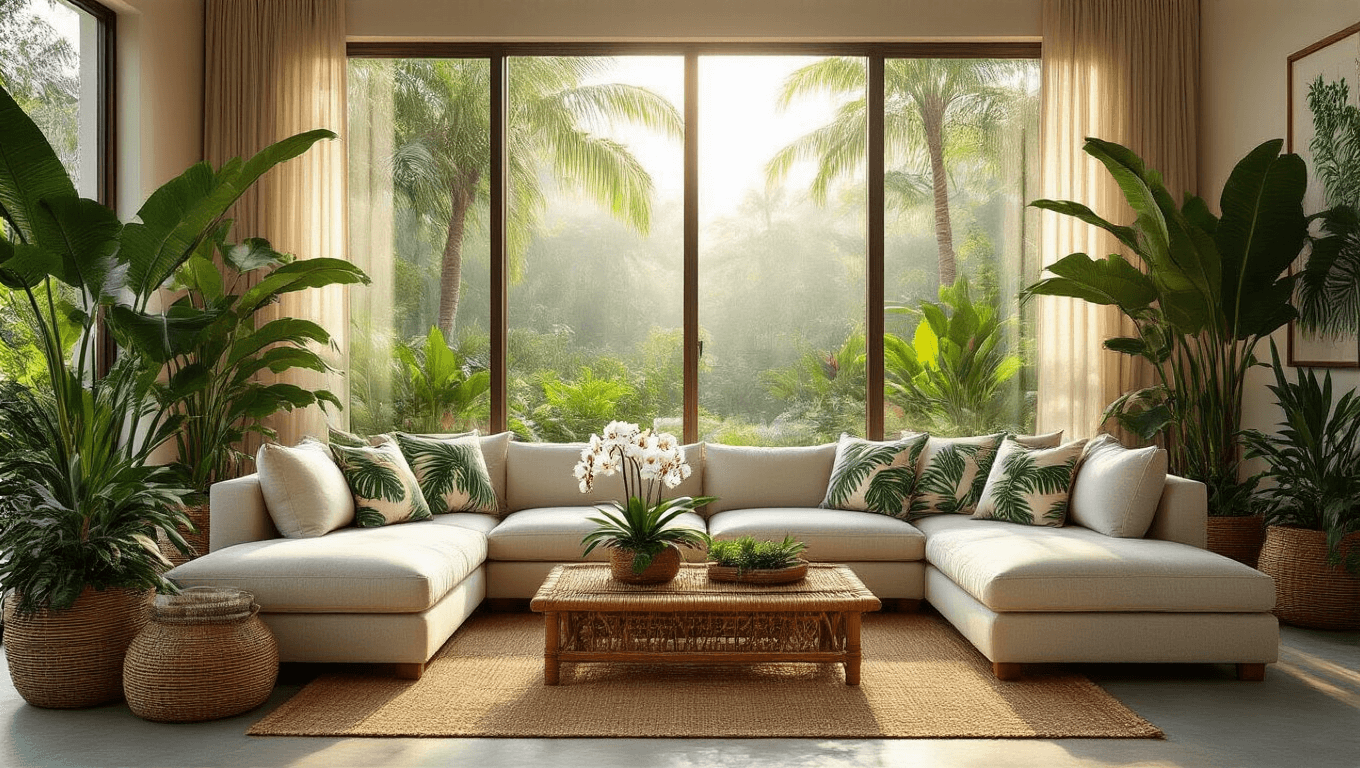Photorealistic tropical living room featuring floor-to-ceiling windows, neutral sectional with palm-printed pillows, rattan coffee table with orchids, jute rugs, and lush plants in warm earth tones, illuminated by golden hour sunlight.