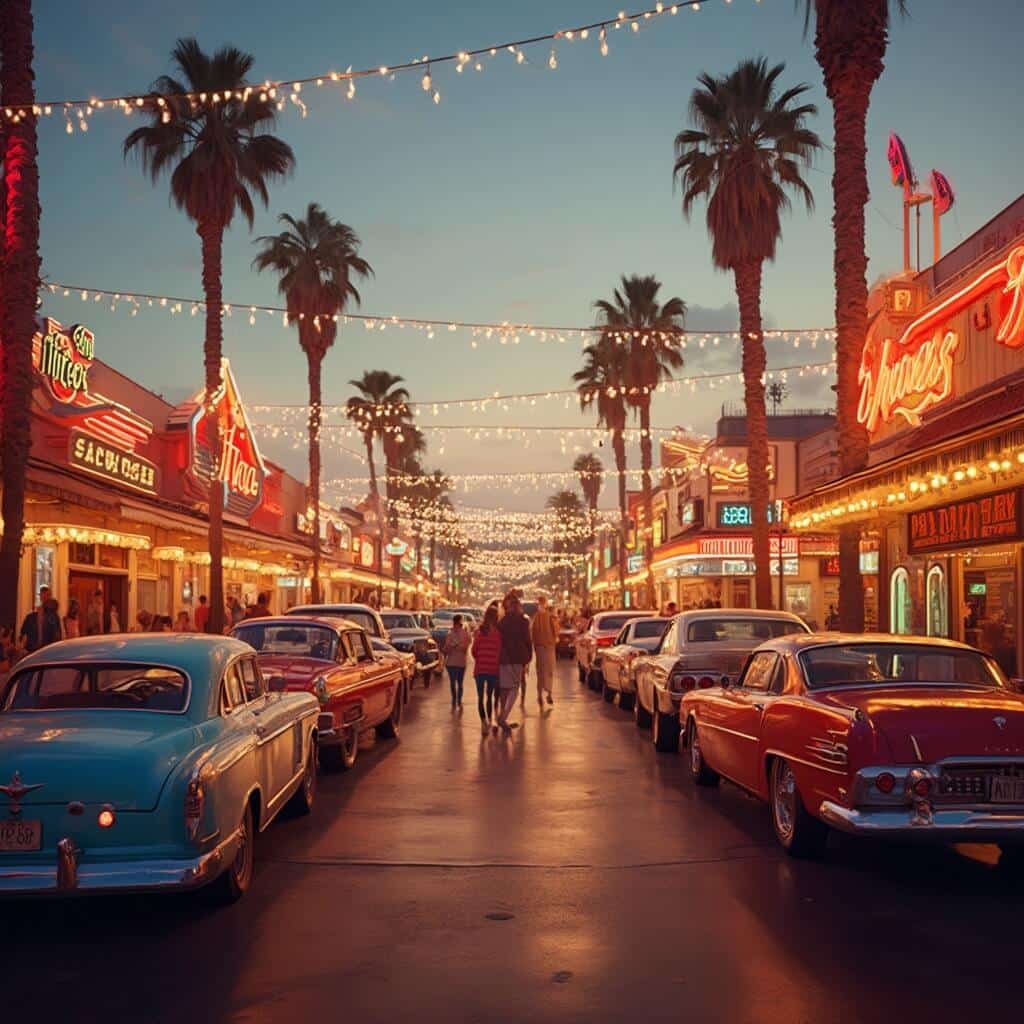 Vintage cars parked on a retro main street at dusk in an American entertainment district, with neon lit diners and arcades, strolling families, palm trees and string lights creating a nostalgic ambiance