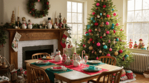 A cozy living room filled with golden afternoon light, featuring a decorated Fraser fir Christmas tree, a rustic mantel with handmade crafts, and a whimsical dining table adorned with colorful ornaments and string lights.