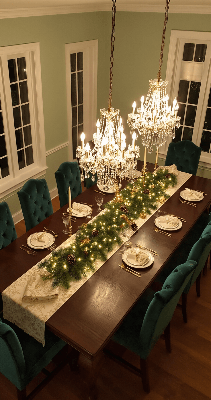 Elegant dining room at twilight, featuring a dark mahogany table for eight, adorned with a lush fraser fir garland and warm white LED lights, surrounded by deep jewel-toned velvet chairs. Vintage crystal chandeliers illuminate a cream damask tablecloth, while brass candlesticks create a cozy atmosphere, enhanced by soft sage wainscoting and rich textures.