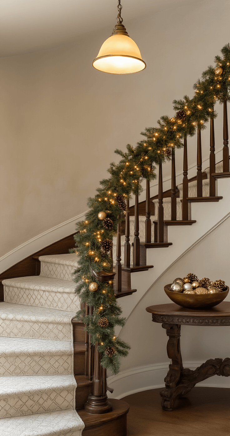 Medium shot of a warm, inviting curved staircase adorned with a garland of pinecones and copper fairy lights, under soft pendant lighting. Cream runner enhances the carpeted steps against soft gray plaster walls, while an antique wooden bowl filled with metallic ornaments sits on a nearby console table, all bathed in gentle shadows.