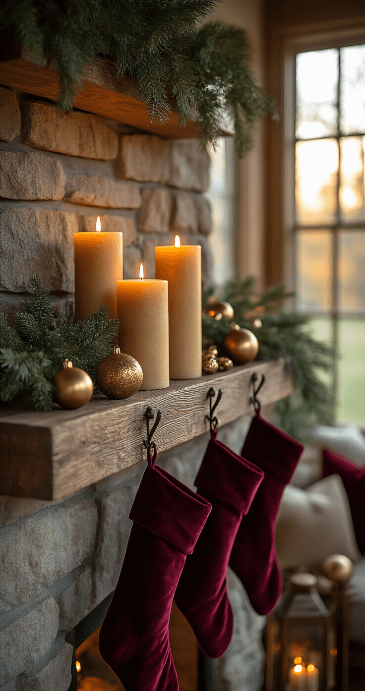 Close-up of a cozy stone fireplace mantel adorned with varying heights of chunky pillar candles, brass ornaments, and greenery, with deep burgundy velvet stockings hanging from iron hooks. The scene is illuminated by warm natural light during golden hour, creating a hygge-inspired atmosphere of rich textures and warm metallics in a softly blurred living room background.