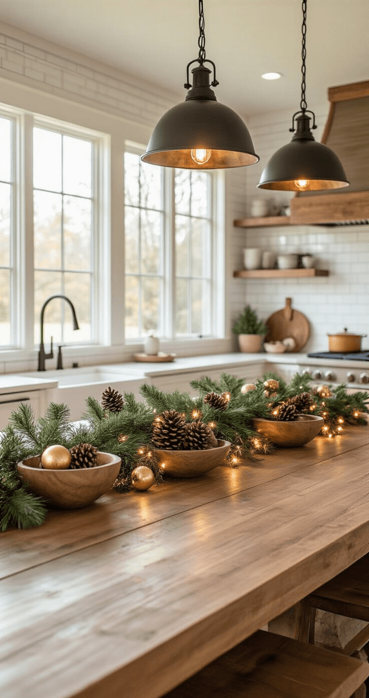 Wide shot of a modern farmhouse kitchen featuring a large wooden island adorned with greenery, string lights, and golden ornaments, illuminated by soft natural light from multiple windows; vintage bowls with pinecones and cinnamon sticks add a cozy touch, while industrial pendant lights provide warm illumination, showcasing an inviting holiday atmosphere in an open floor plan.