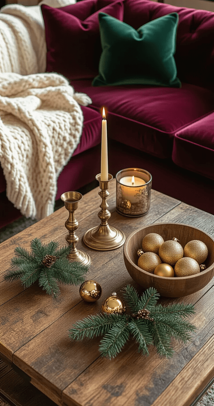 Intimate overhead view of a cozy coffee table vignette featuring vintage brass candlesticks, evergreen sprigs, and golden ornaments in an antique bowl, with a cream cable-knit throw draped over a burgundy velvet sofa and rich jewel-toned pillows, all illuminated by warm lighting.